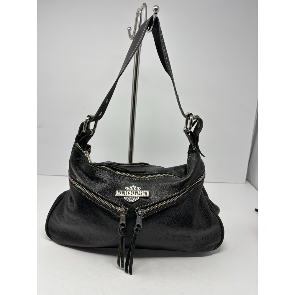 Harley-Davidson Women's Double Zipper Shoulder Bag Black Leather